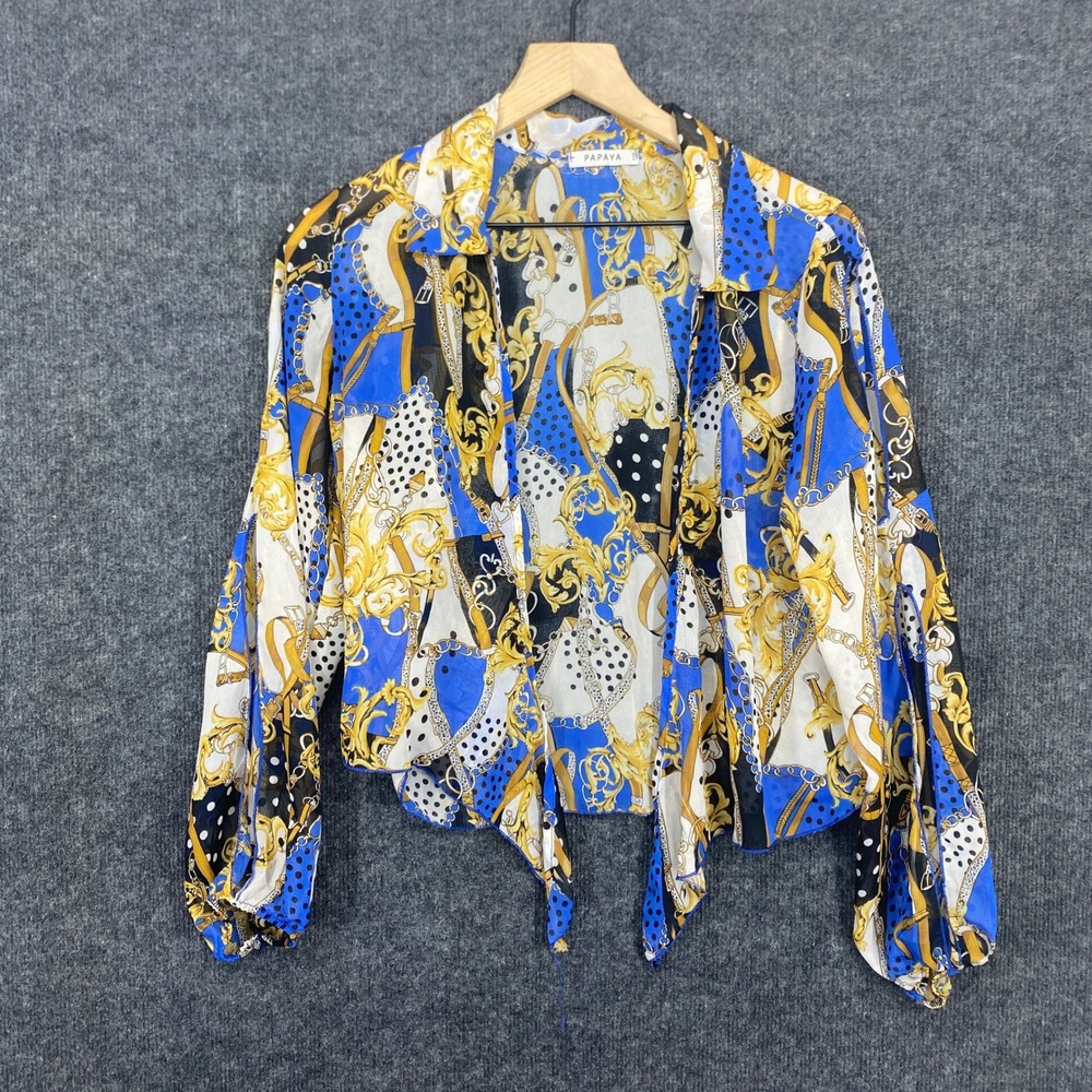 Papaya USA Women Blue Gold Baroque Chain Print Tie Front Chiffon Blouse Large